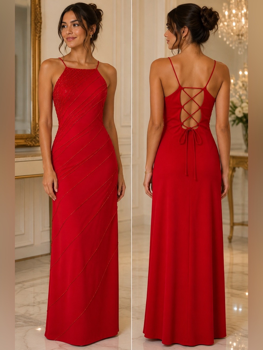 Vintage De Laru by Sheila Yen Red Beaded Lace Up Back Gown 7/8 NWOT